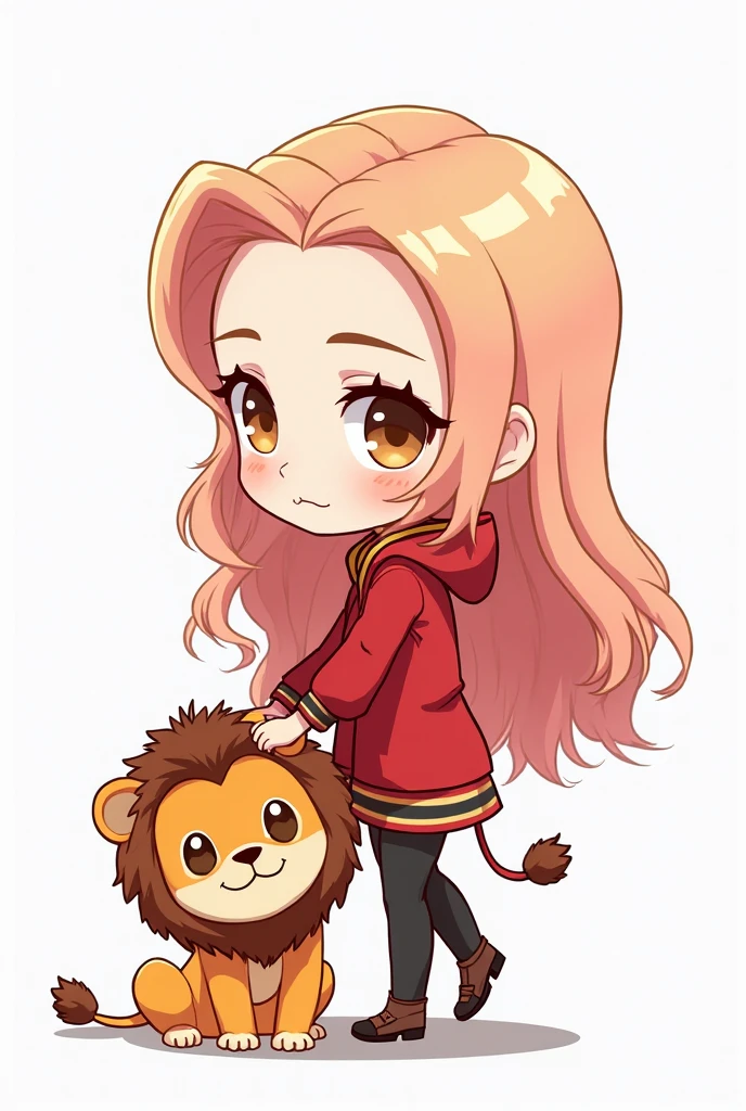 (Chef-d'œuvre ,  style Chibi , meilleure qualité:1.2) femme chibi seule face à l'objectif, typée européenne , Élancée et athlétique , très long cheveux blonds-roux ( pink bminde hair natural ) retenu par un serre tête rouge , yeux couleur dorés , peau pâle , expression sérieuse , visage rond sans fossette , vêtue d'une tenue de dompteur rouge et or ; le personnage est debout et fait caresse un lionceau , le lionceau est assis à sa gauche , fond d'image blanc ; Il captive le public , prise de vue globale ,  Poursuite de l'esthétique incroyable qui vous submergera, chibi , design de personnage complexes , accentuations sur le personnage 