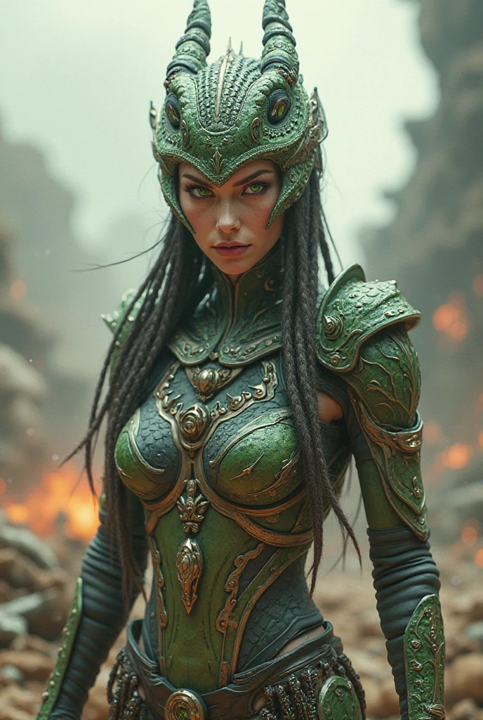 1girl, green skin, pointed ears, flat nose, narrow lips, black leather top, large breasts, showing cleavage, hyper detailed, 8k, photorealistic, masterpiece, intricate details, cinematic lighting, dramatic atmosphere, high contrast, vibrant colors