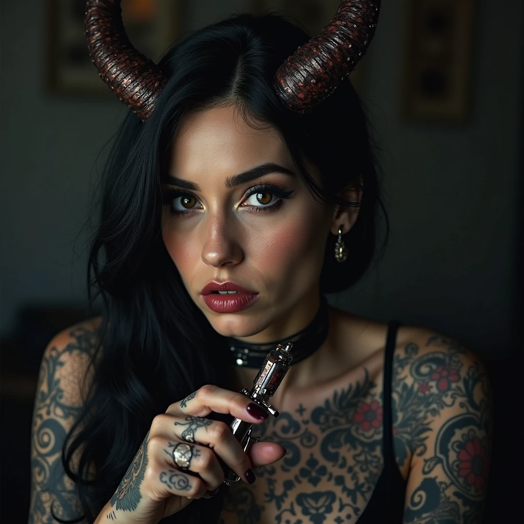 Dragon girl, horns, grunge, flat chest, baggy clothes, dreamy, tribal tatoos, mystical