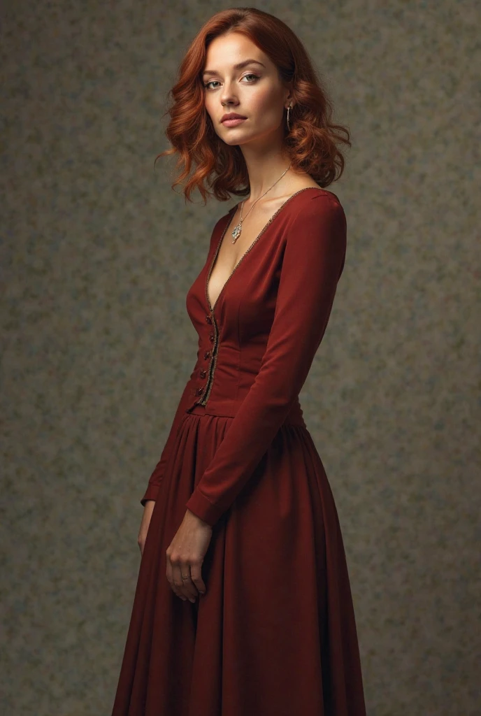 orange haired woman in the style of Marcel René von Herrfeldt with dark and mysterious background and an ice blue rose and off-the shoulder dress with deep V-neck and a necklace and a belt.