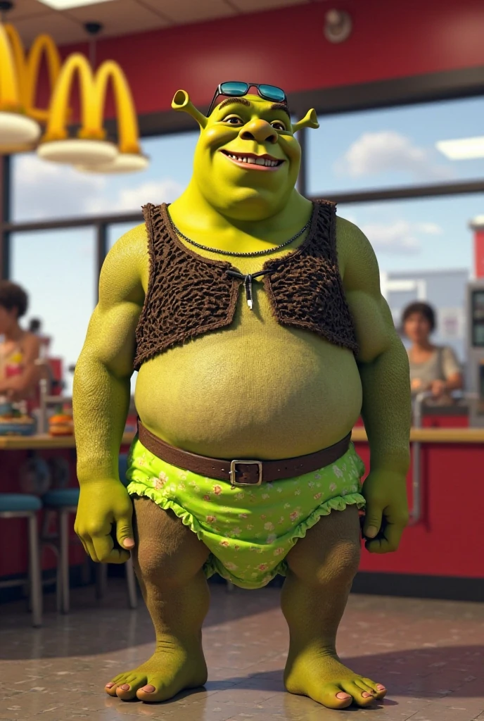 Highly detailed, High Quality, Masterpiece, beautiful, 1boy, edgShort&Fishnets, wearing edgShort&Fishnets, shorts and fishnets, <lora:Outfit_FishnetsAndShorts:0.8>, shrex, green skin, ogre, shrek, <lora:Char_Sigmas_Shrek:0.9>