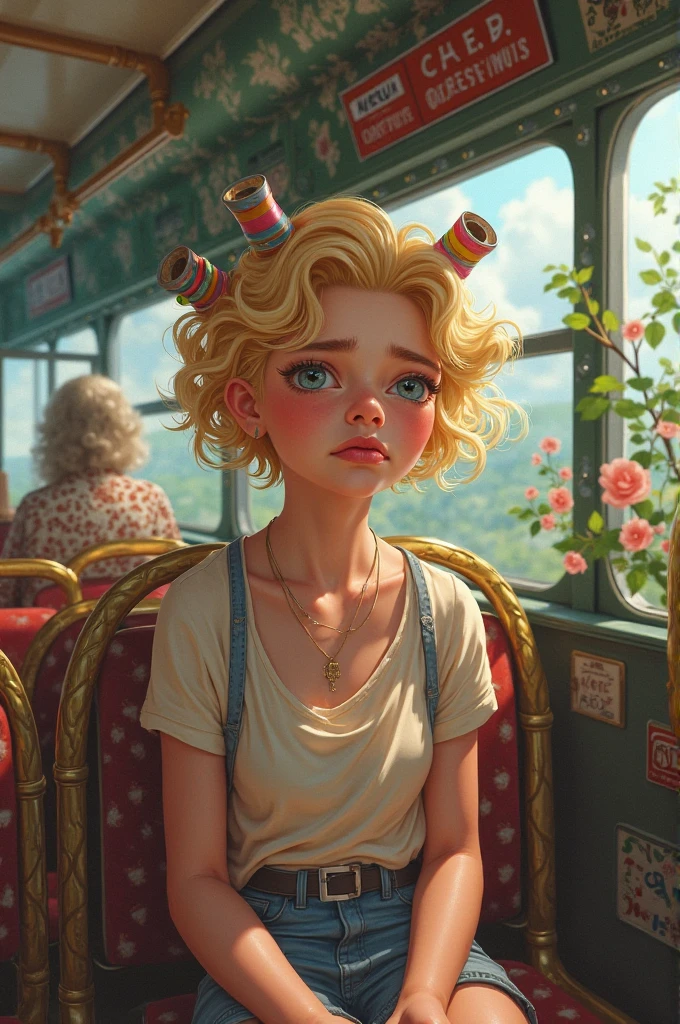 close-up streetwise blonde, white girl suntanned face with white pain stripes down from her eyes and war paint, dusty atmosphere, coffee shop window casings background, ultra detailed photographic realism oil art style, her arms crossed face and arms resting on table, ruff teen face, weary expression in her eyes,