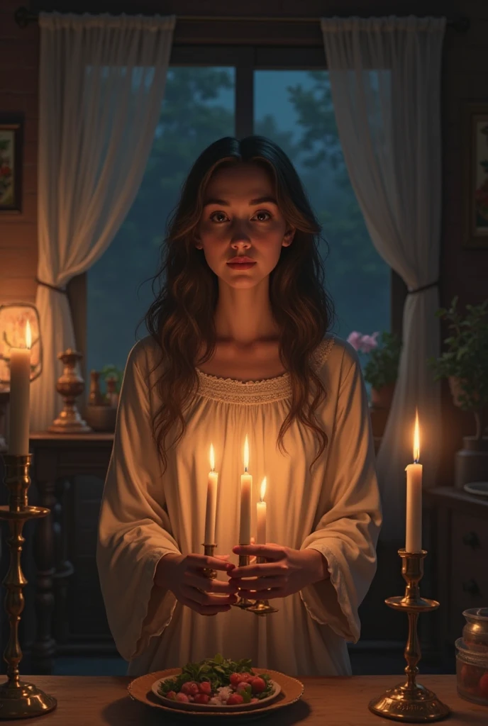 woman, age 30, milf, exploring a dimly lit attic, with ghostly figures lurking in the shadows and eerie portraits that seem to watch her every move.