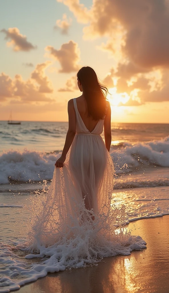 a woman walking out of the ocean wearing a wet white dress as the sun sets