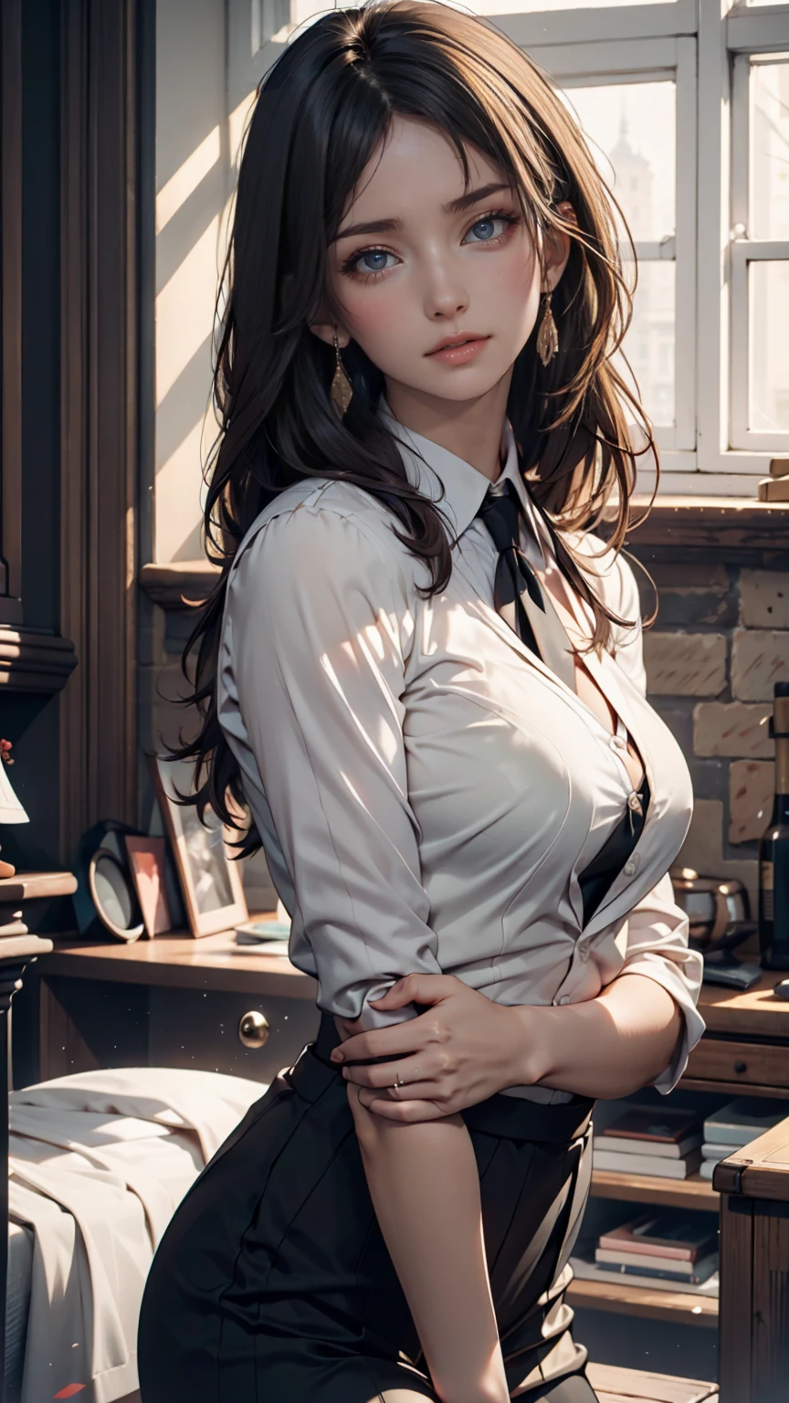 1girl, calm, closed mouth, collared shirt, brown hair, golden eyes, detailed face, intricate clothing, natural lighting, cinematic composition, warm color palette, delicate facial features, serene expression, detailed portrait, soft textures, (best quality,4k,8k,highres,masterpiece:1.2),ultra-detailed,(realistic,photorealistic,photo-realistic:1.37),cinematic lighting,dramatic atmosphere,elegant,beautiful