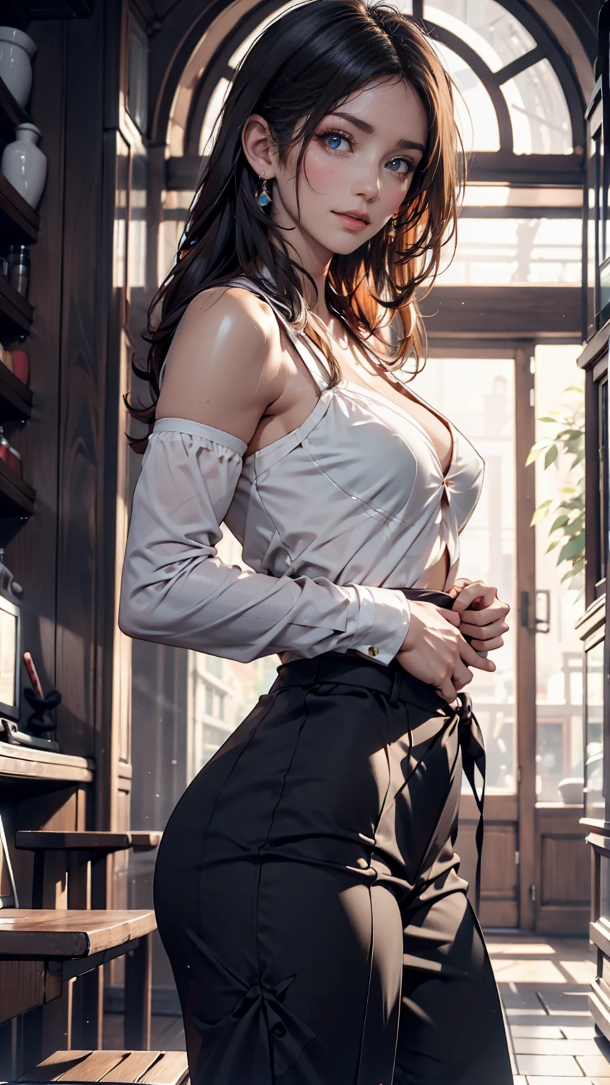 Detailed character sheet, Front view, Side view, Oblique view, 24-year-old woman、Sexy proportions、Narrow waist、slender、Sexy、Lace fabric high neck top、Long sleeves(Covered to the fingertips)、Longer length、Low rise leggings、Touching your hair
