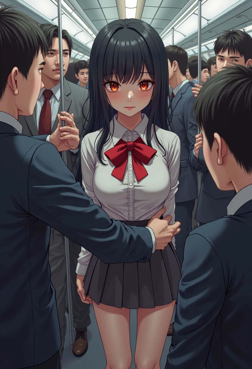 crowded train, girl as yukino yukinoshita, fat bald man hugging her from the front talking with mouth and lifting her legs, black sexy lingerie,, pubic hair visible, 40k, photo, masterpiece, best quality, dark grey background, (with one girl's immediately open legully open legs with big breasts, an elderly man leans on her from the front and picks her up and does different poses., Blushing, troubled eyebrows, rough breath, clenched teeth, burning face, heart pupils, sweaty, full body wet, black hair, long hair, knee bending, reluctance, watery eyes, big, soaked, small, slender, white shirt, tie, pants visible through short pleated skirt, slouch, slender, short pleated skirt, slouching, hands on chest, crotch open, lewd, kissing, hugging, tongue sucking, legs tangled around hips, cowboy shottouching breasts, hands on the crotch, breastapart, (ahegao, rolling eyes:1.5)