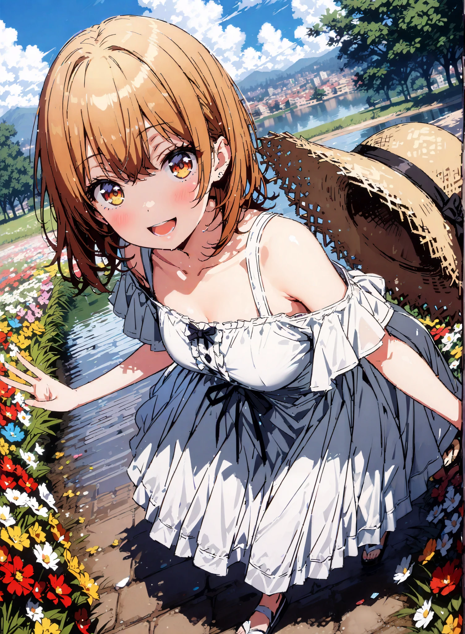 score_9, score_8_up, score_7_up, source_anime,
Irohaisshiki, Isshiki Iroha , short hair, brown hair, brown eyes,smile,blush,open your mouth,straw hat with right hand, White Off Shoulder Dress,Short sleeve, white long skirt, cute heeled sandals ,standing, beautiful scenery,full bodyがイラストに入るように,
break outdoors, Compa,Flower Field,lake,
break looking at viewer,full body,
break (masterpiece:1.2),highest quality , kampala, Unity 8K Wallpaper ,(shape:0.8),( fine, beautiful eyes :1.6),It's a person ,full body写真,CG Details , (perfect hands, complete anatomy),