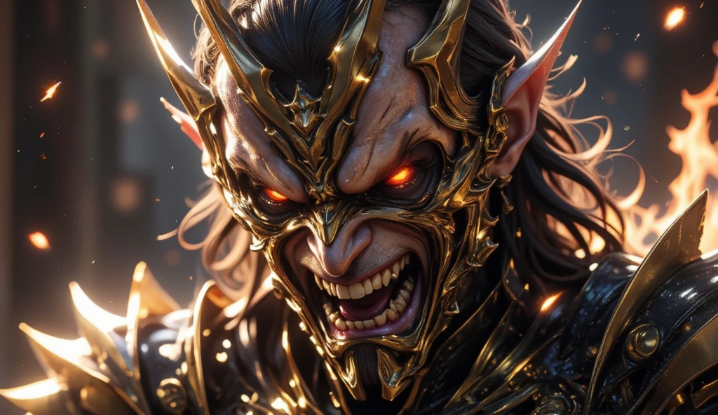 8K, Super detail, ccurate, Best quality, Masterpiece, Super detail, High details, High quality, Best quality, A high resolution,golden armour,(Red glowing eyes),Wukong,Two Goku fighting,There is a huge phantom of Buddha in the sky, Wrapped in flames,Falling snow,winter,Bust,