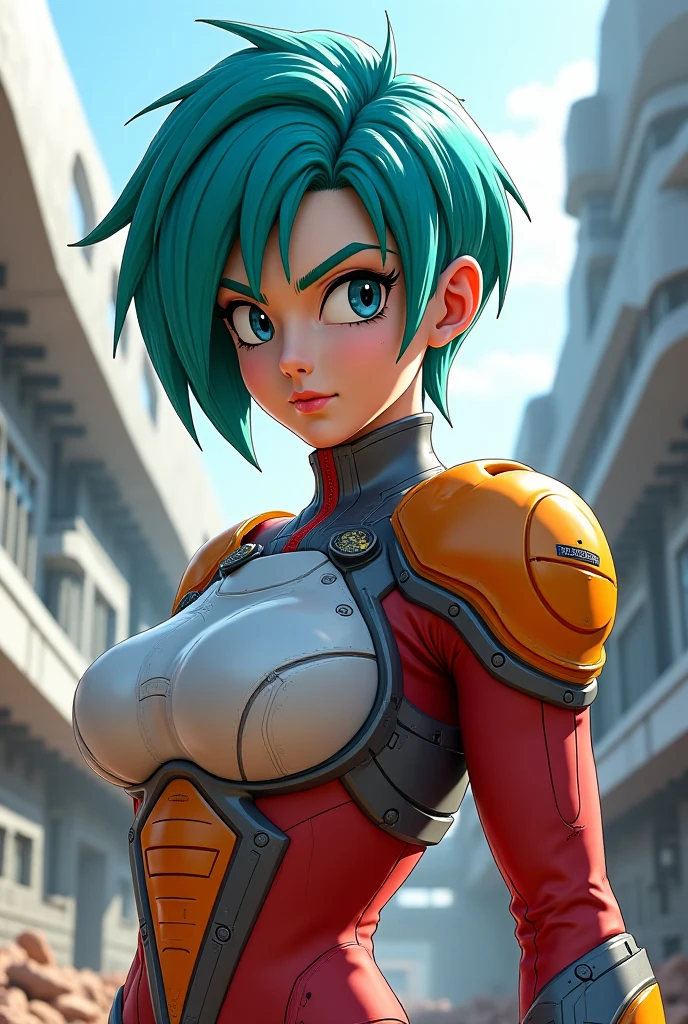 portrait closeup lone (buruma_brief_older Buruma_DBZ_Buu)1.4, (cleavage large_breasts, stylish bob haircut)1.2 (dressed as IronMan)1.2, standing, front view, (high detailed skin:1.2)(realistic pupils,realistic iris:1), 8k, aqua_hair