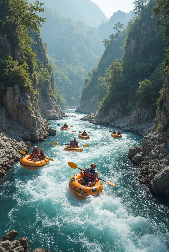 Group of foreign tourists rafting on rubber boats