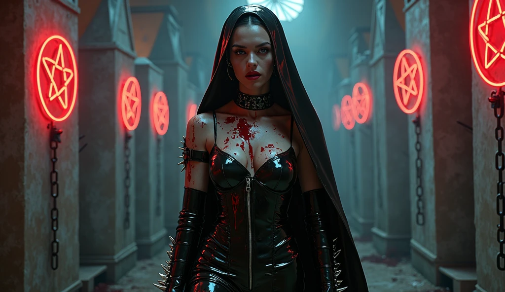 woman dj nun zombie, bloody face, , dark, horror, red tones, gothic church in the background, ultra realistic, horror movie lighting, scary, chaos, neon lights in the background, realistic, dark, huge breast, Fujifilm Fujichrome Provia 100F movie, flashlight, ultra realistic, 8K UHD. --auto --s2