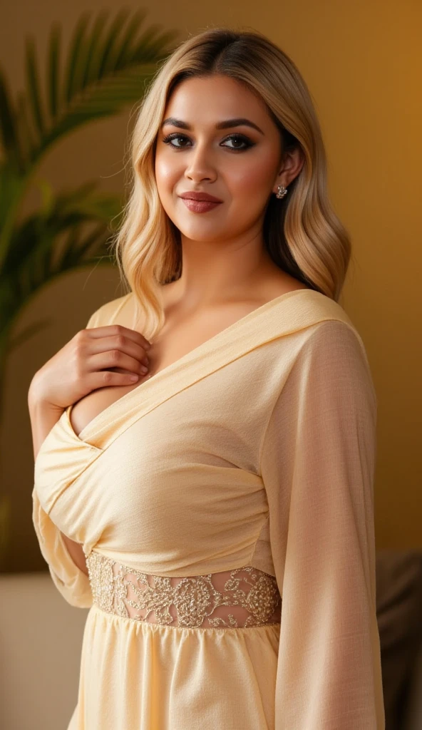 (Idol magazine cover:1.3),(thai woman),(tunic blouse:1.5),(huge breasts:1.5), (slicked back hair),((thin waist)),(smile:1.3),cowboy shot:1.5,(blond hair:1.3),