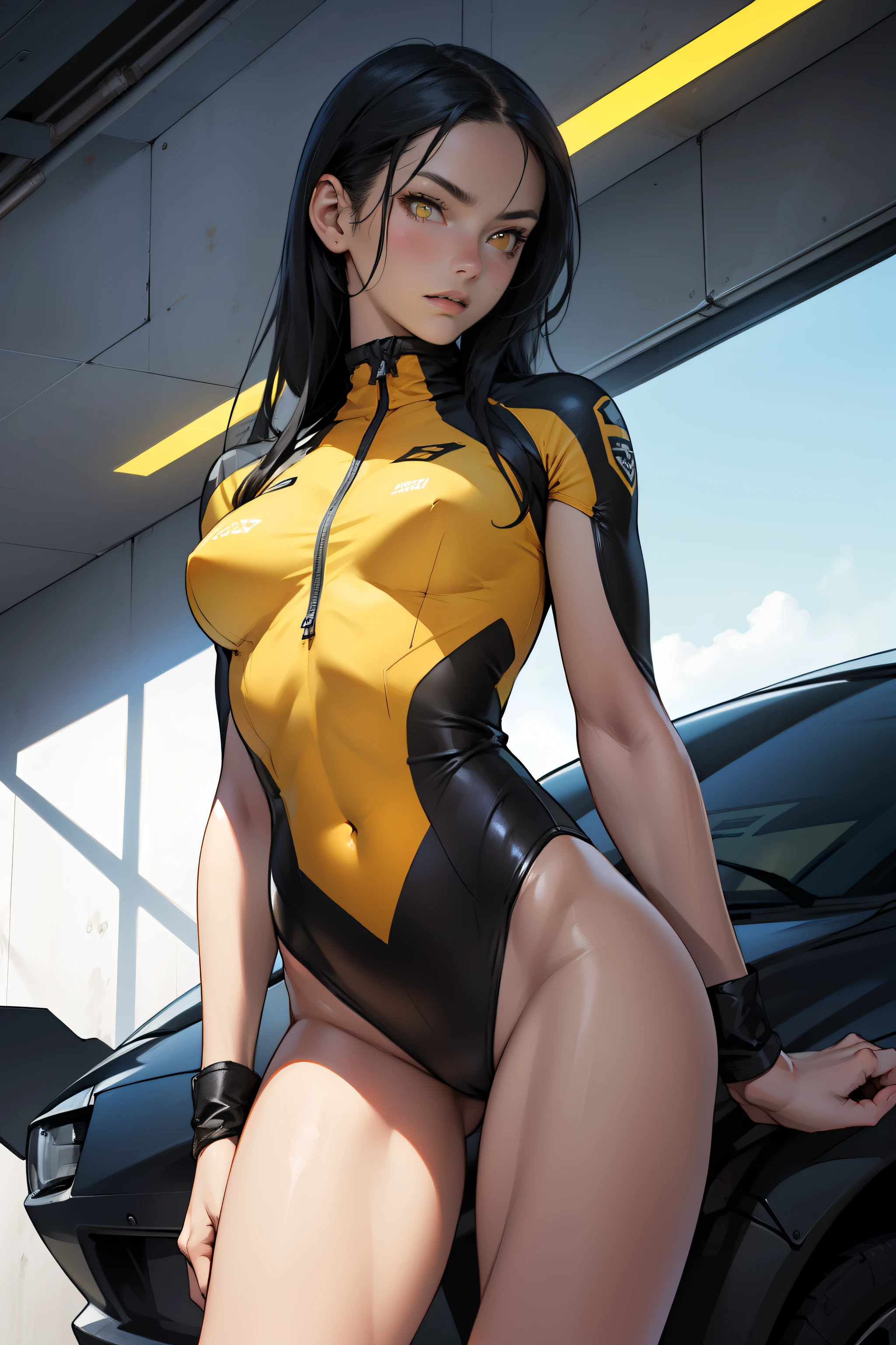 (best quality, highres:1.2), 1girl, beautiful detailed eyes, beautiful detailed lips, extremely detailed eyes and face, long eyelashes, medium:oil painting, vivid colors, HDR, studio lighting, ultra-fine painting, sharp focus, physically-based rendering, extreme detail description, portraits, curvy body, big breasts, perfect shape, showing armpit, facing viewer, sweaty, gorgeous, arms up, half body picture, appearing in full frame, sleeveless turtleneck, glasses, (black leather leggins:1.4), show cameltoe