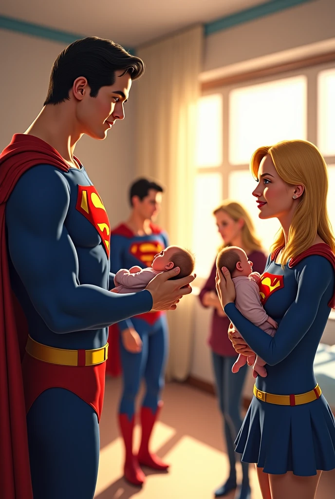Superman and Supergirl are seated together on a modern train, their vibrant blue and red costumes adorned with the iconic 'S' emblem shining brightly. Superman, with his impressive muscular build, sits with a protective and affectionate demeanor. Next to him, Supergirl, with her long flowing hair and gentle expression, lovingly ((*breastfeeding:1.5))) the baby close to her. The interior of the train, sleek with metal details and large windows, offers a scenic view of the tranquil countryside. The atmosphere is serene and intimate, capturing a tender family moment between these legendary heroes.
