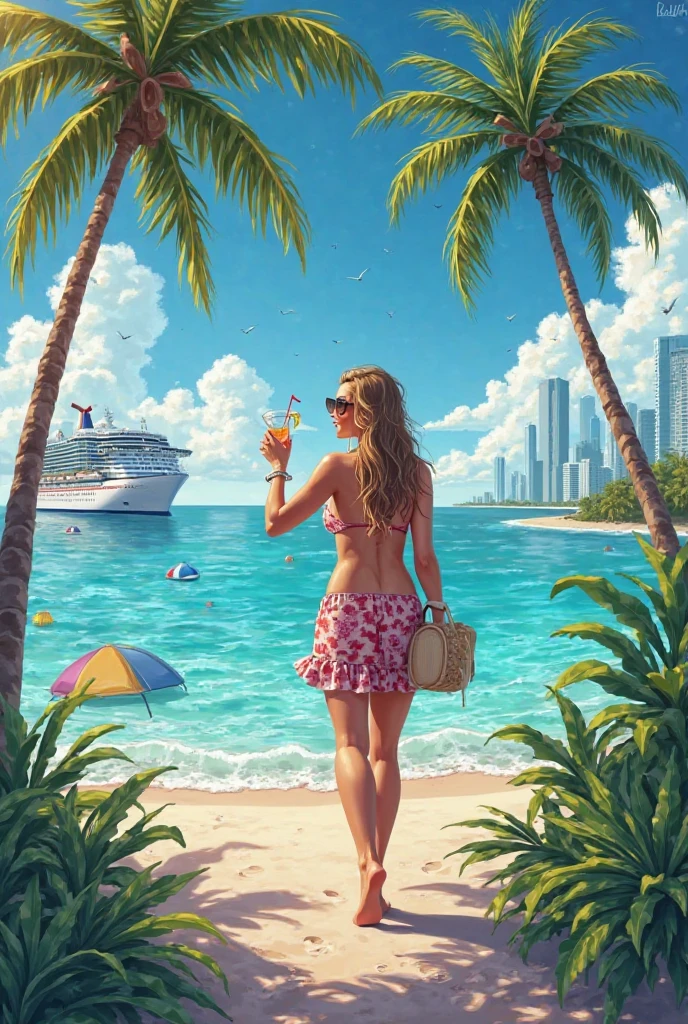 30 year old woman on the beach, dressed in a beach dress, loose and crazy hair, with a suitcase in his right hand, some sunglasses and a surprised gesture