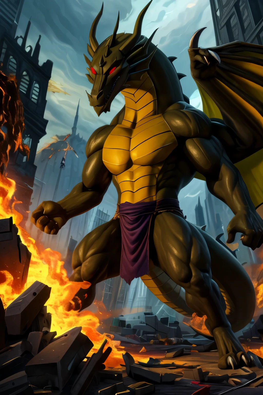 best quality, newest, absurdres, highres, (masterwork, masterpiece, best quality, hyper-detailed :1.3), male, shendu, dragon boy, no pupils, red sclera, purple loincloth, full body, attack stance, destruction, explosions