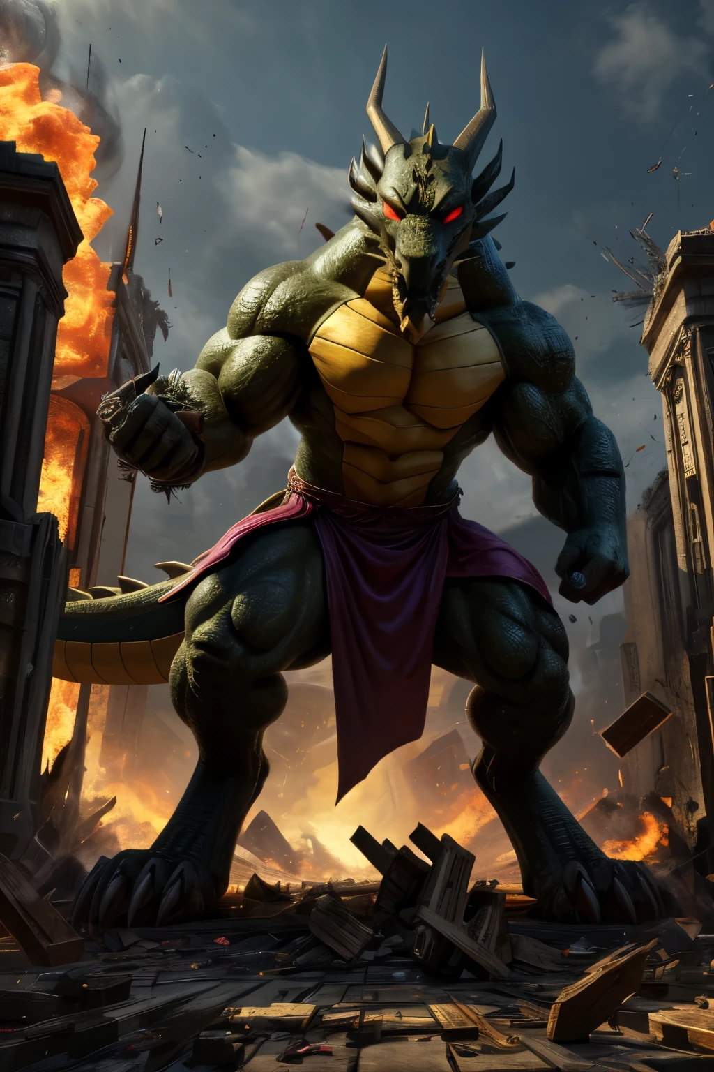 best quality, newest, absurdres, highres, (masterwork, masterpiece, best quality, hyper-detailed :1.3), male, shendu, dragon boy, no pupils, red sclera, purple loincloth, full body, attack stance, destruction, explosions