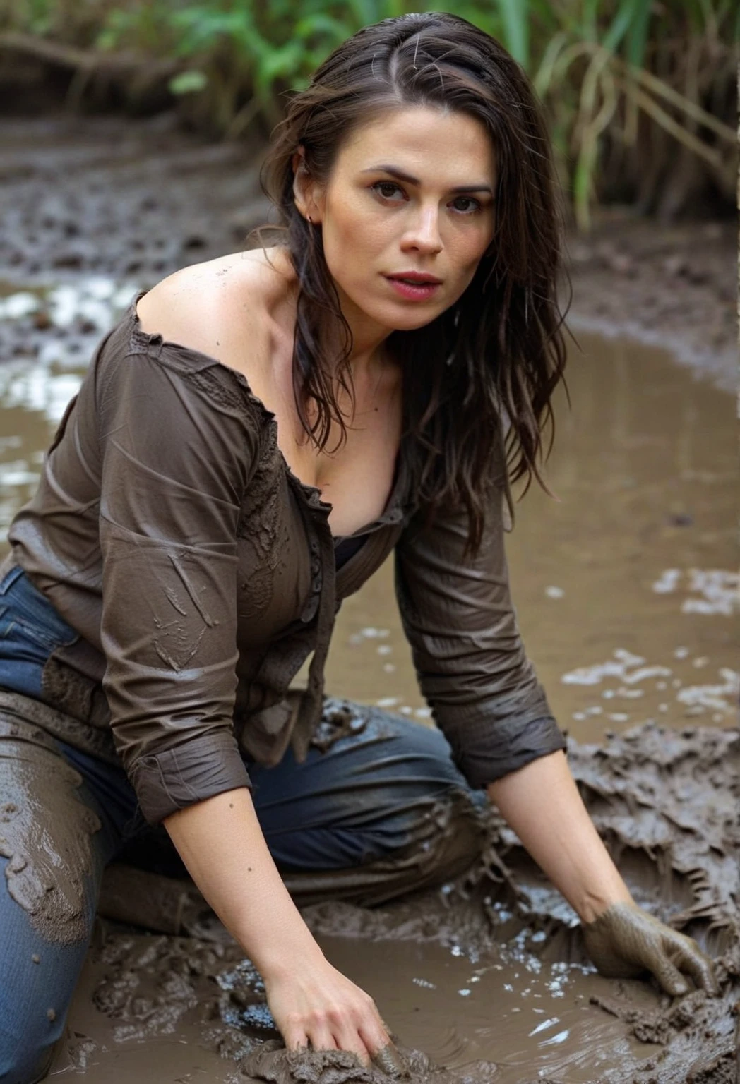 Hyperrealistische Fotografie, 2 Frauen stehen im Schlamm, Schlammspritzer im Gesicht, die Gesichter sind mit Schlamm verschmiert, 30-year-old women smeared with mud, Lena Meyer Landrut, long white gloves satin smeared with mud, short white prom gown smeared with mud White with Swarovski jewelry smeared with mud, Perlenkette mit Schlamm verschmiert, underbust corset weiß smeared with mud, ruffles, pointy pumps white high heels smeared with mud, Fishnet tights white smeared with mud, the entire body, schwarze lockige Haare mit Schlamm verschmiert, die Kleidung ist mit Schlamm verschmiert, High quality, realistische Beleuchtung, Bildmitte, Sanduhrproportionen, 8K, HDR, BDSM, medium breast size, lange Beine, professionelle Fotografie einer Frau, natural skin texture smeared with a lot of mud, 4K-Texturen, Adobe Lightroom, Fotolabor, HDR, kompliziert, elegant, sehr detailliert, scharfer Fokus, wahnsinnige Details, komplizierte Details, hyperdetailliert, Helles Kinolicht, Außenatmosphäre, Kinn hochgezogen, (exponierter Bauch: 1,8 ), (Fernaufnahme), dominanter Gesichtsausdruck