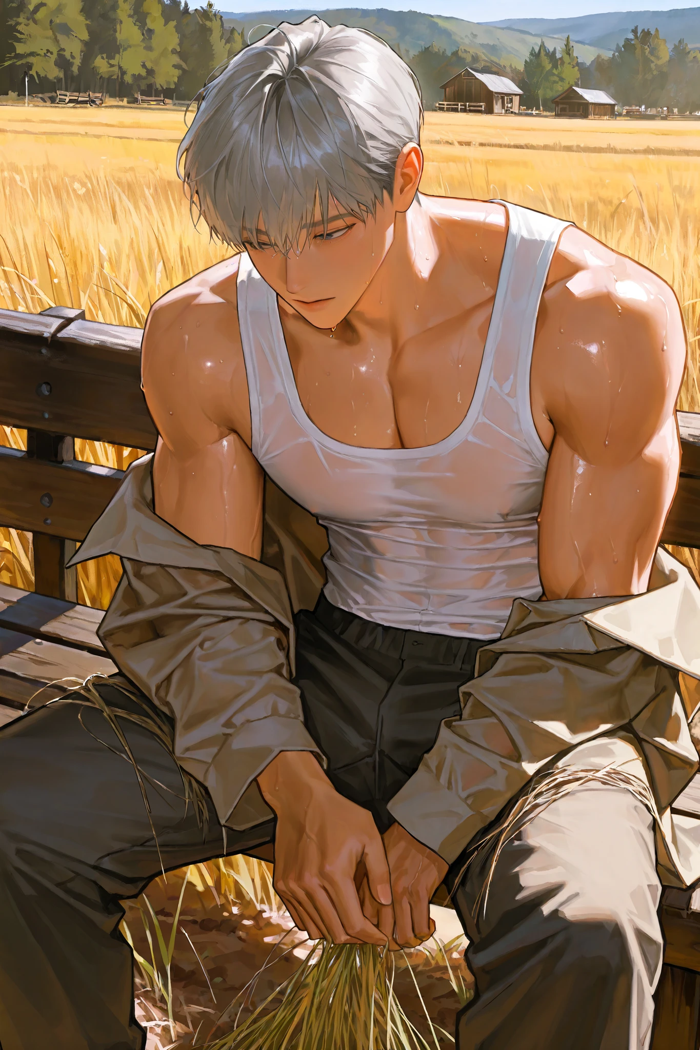 middle-aged male, handsome, Lying, 1명의 man, MALE FOCUS, handsome man, Thick painted , Korean Comic Style , semi-realistic art , semi-realistic art style, expressive brushwork, vibrant brushwork, Impressionist painting , realistic skin, realistic hair , realistic detail, Photorealistic, high detail, muscular, near, heavy body, big 손, alone, alone, Front view, short hair, gray hair, All hair is light gray, man, big, Nashi, countryside, sweat, wet, dark skin in the countryside, tan skin , 하얀 Nashi, body revealed in the countryside, countryside에서, harsh, Farming, bust, sitting on a bench