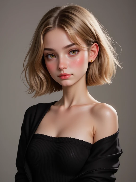 ((Masterpiece)),High-resolution photograph, realistic hyper-detailed portraits,  a highly detailed and realistic depiction of a tall and slender Russian supermodel with a flat chest and tiny .Freckles on her face, cute smile, lustful, She has short mohawk hair and is modeling topless with perky nipples. Emphasize her beautiful face with strong, stunning gala makeup and realistic skin details. The scene should have cinematic lighting and a sexy, erotic ambiance. Include beautiful body jewelry to enhance her appearance. Beautiful jewelry, diamond necklace.