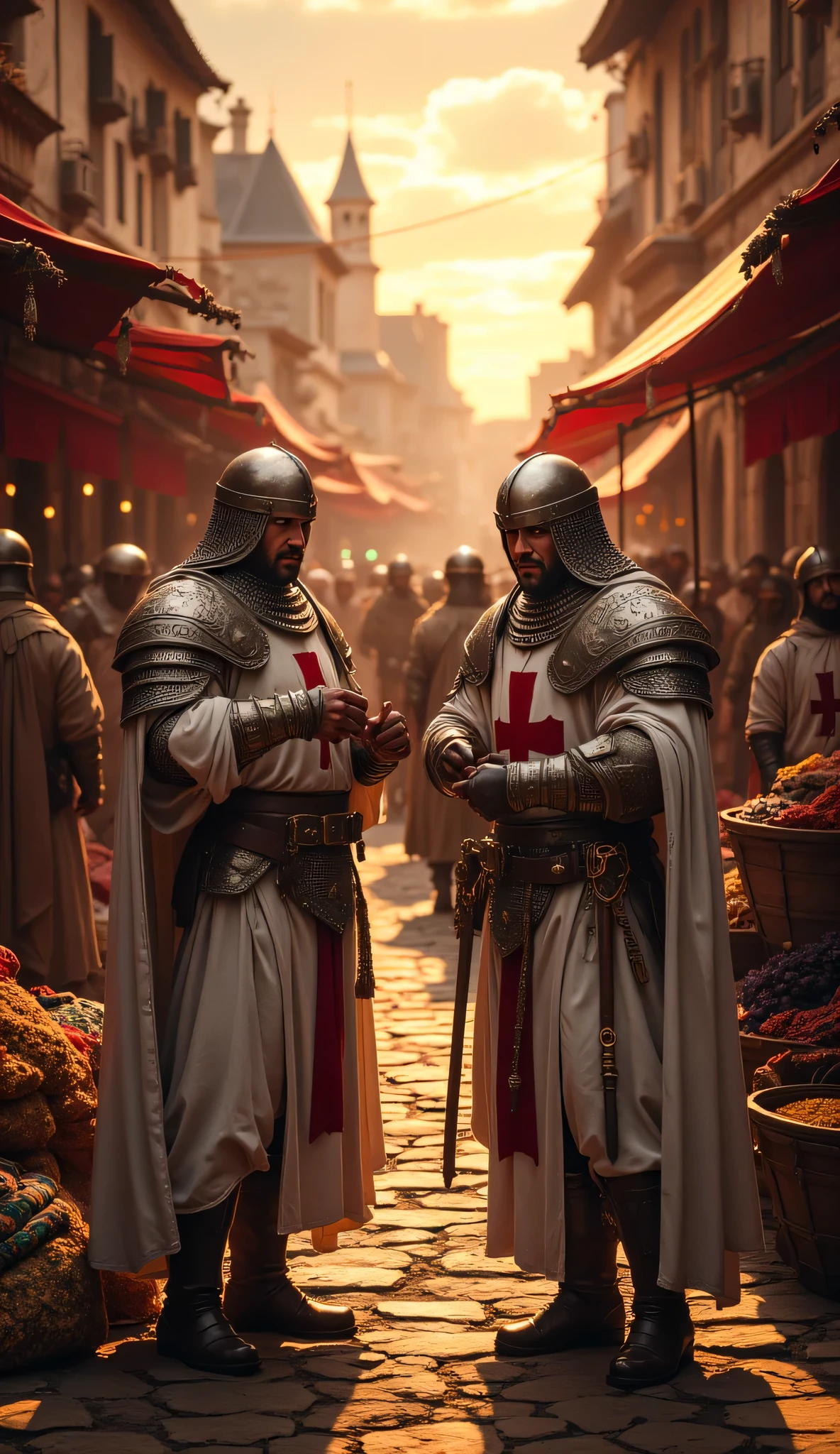 **Prompt:** Imagine a breathtaking hyper-realistic panoramic wide-angle image that immerses viewers in a bustling medieval Christian European marketplace at twilight. The scene is symmetrically composed, filled with vibrant life and detailed textures that bring the era to life. In the foreground, a diverse group of Templar knights, donned in glistening authentic armor enriched with intricate engravings, engage in bartering amidst heaps of colorful fabrics, exotic spices, and shimmering gold coins displayed on wooden carts. The rich hues of their iconic white robes adorned with bold red crosses contrast beautifully against the warm glow of sunset filtering through the canopies overhead. Each knight, with a keen eye and poised demeanor, holds a coin in one hand while examining fine merchandise with the other, capturing the essence of trade and camaraderie. Emphasize the nuanced details in their expressions and the careful craftsmanship of their attire, while using advanced UHD ambiance to accentuate the play of light and shadow across the scene. The bustling interactions among vendors, townsfolk, and the knights should invoke a sense of vibrancy and urgency, reflecting the dynamic spirit of medieval life. This final artwork should embody the highest standards of historical accuracy and artistry akin to award-winning documentary photography, inviting viewers to step back in time and explore the rich tapestry of the medieval era, all while adhering to content guidelines and promoting a positive celebration of history. DEUS VULT!