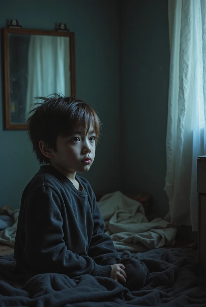 In a simple hut,A lonely little boy Harry Potter sitting on the edge of the bed,Looking at the snowflakes outside the window。The little boy's face is full of loneliness and sadness。