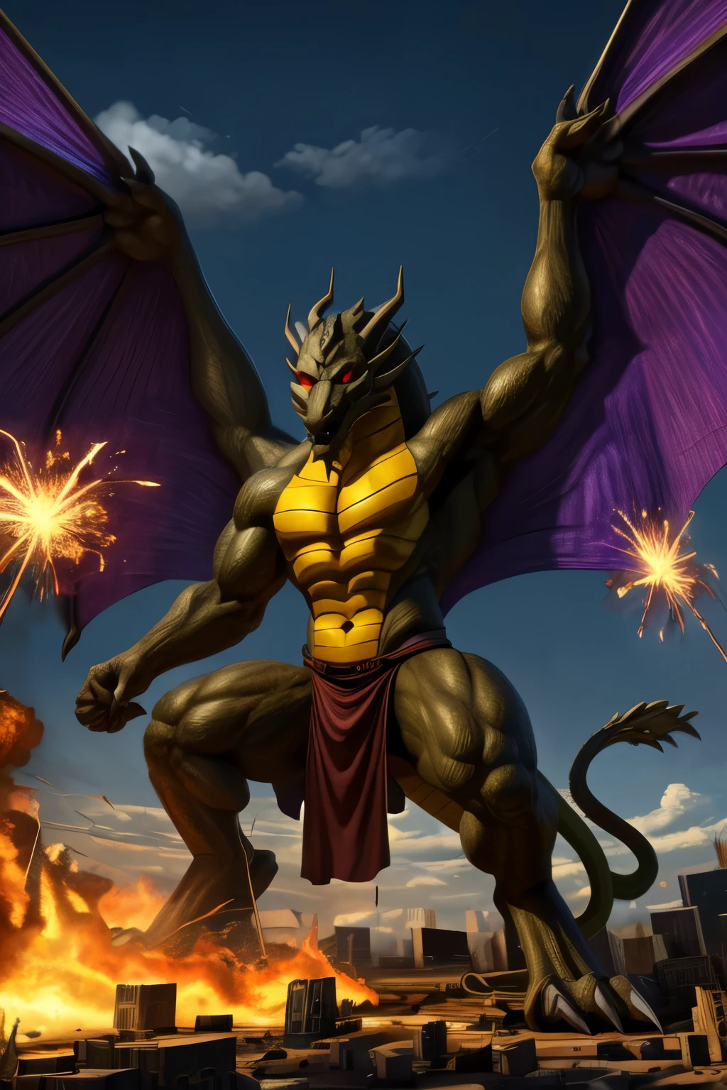 best quality, newest, absurdres, highres, (masterwork, masterpiece, best quality, hyper-detailed :1.3), male, shendu, dragon boy, no pupils, red sclera, purple loincloth, full body, attack stance, destruction, explosions, macro
