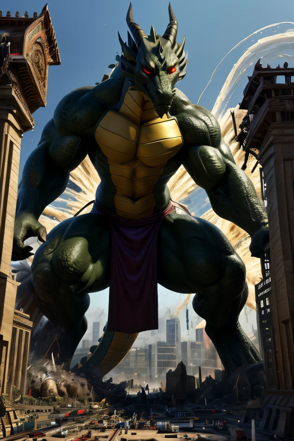 best quality, newest, absurdres, highres, (masterwork, masterpiece, best quality, hyper-detailed :1.3), male, shendu, dragon boy, no pupils, red sclera, purple loincloth, full body, attack stance, destruction, explosions, macro