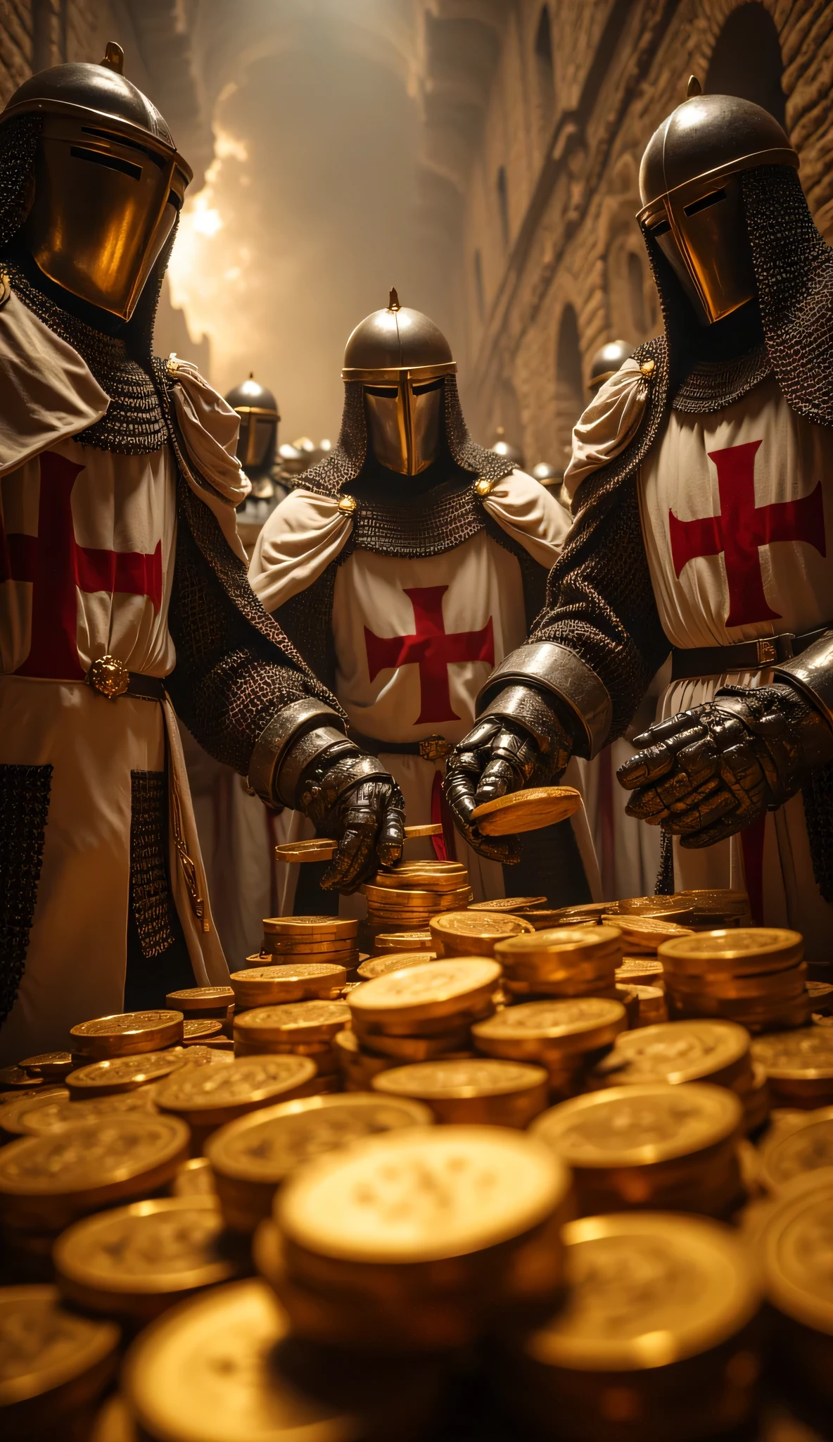 **Prompt:** Create a captivating hyper-realistic panoramic wide-angle image that transports viewers to medieval christian Europe, showcasing a symmetrically balanced composition in medieval ancient treasure vault flooding full with the golden coins. In the foreground, a determined brotherhood unit of wealthy Templar knights brotherhood clad in authentic, gleaming armor is depicted. Templar ry. Their chainmail and iconic white robes, embellished with bold red cross symbols, catch the dimming light of dusk as they stand firmly among stack of golden coin in the wooden treasury chests. Intricately Each knight holds a silver firmly in one hand while their other arm grasps a gold, ready for the conflict ahead. Pay special attention to the intricate textures of their armor and the fabric of their robes, while also employing advanced UHD ambiance to enhance the atmospheric play of light and shadow in the scene. The depth of the image should invoke a sense of urgency and anticipation, emphasizing the dynamic movement of the knights. Focus on the meticulous details of their hands, ensuring that the anatomy of the fingers gripping their golden coins treasure chest is both realistic and compelling. The final piece should mirror the high standards of award-winning documentary photography, akin to styles seen in National Geographic, artstation, and deviantart. This scene should be rich in historical accuracy, evoking the timeless spirit of the medieval era, while respecting content guidelines and avoiding any elements of violence or negativity. DEUS VULT!