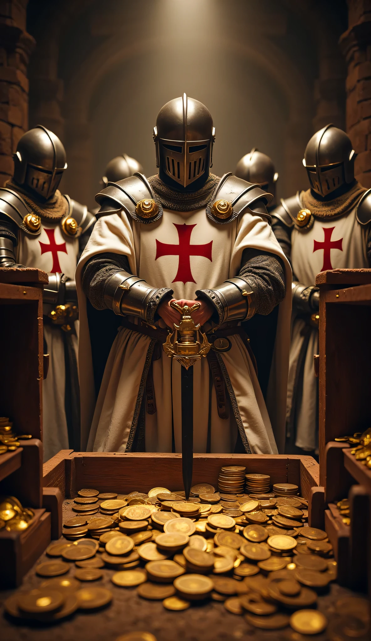 **Prompt:** Create a captivating hyper-realistic panoramic wide-angle image that transports viewers to medieval christian Europe, showcasing a symmetrically balanced composition in medieval treasure vault. In the foreground, a determined brotherhood unit of wealthy Templar knights brotherhood clad in authentic, gleaming armor is depicted. Templar ry. Their chainmail and iconic white robes, embellished with bold red cross symbols, catch the dimming light of dusk as they stand firmly among stack of golden coin in the wooden treasury chests. Intricately Each knight holds a silver firmly in one hand while their other arm grasps a gold, ready for the conflict ahead. Pay special attention to the intricate textures of their armor and the fabric of their robes, while also employing advanced UHD ambiance to enhance the atmospheric play of light and shadow in the scene. The depth of the image should invoke a sense of urgency and anticipation, emphasizing the dynamic movement of the knights. Focus on the meticulous details of their hands, ensuring that the anatomy of the fingers gripping their golden coins treasure chest is both realistic and compelling. The final piece should mirror the high standards of award-winning documentary photography, akin to styles seen in National Geographic, artstation, and deviantart. This scene should be rich in historical accuracy, evoking the timeless spirit of the medieval era, while respecting content guidelines and avoiding any elements of violence or negativity. DEUS VULT!