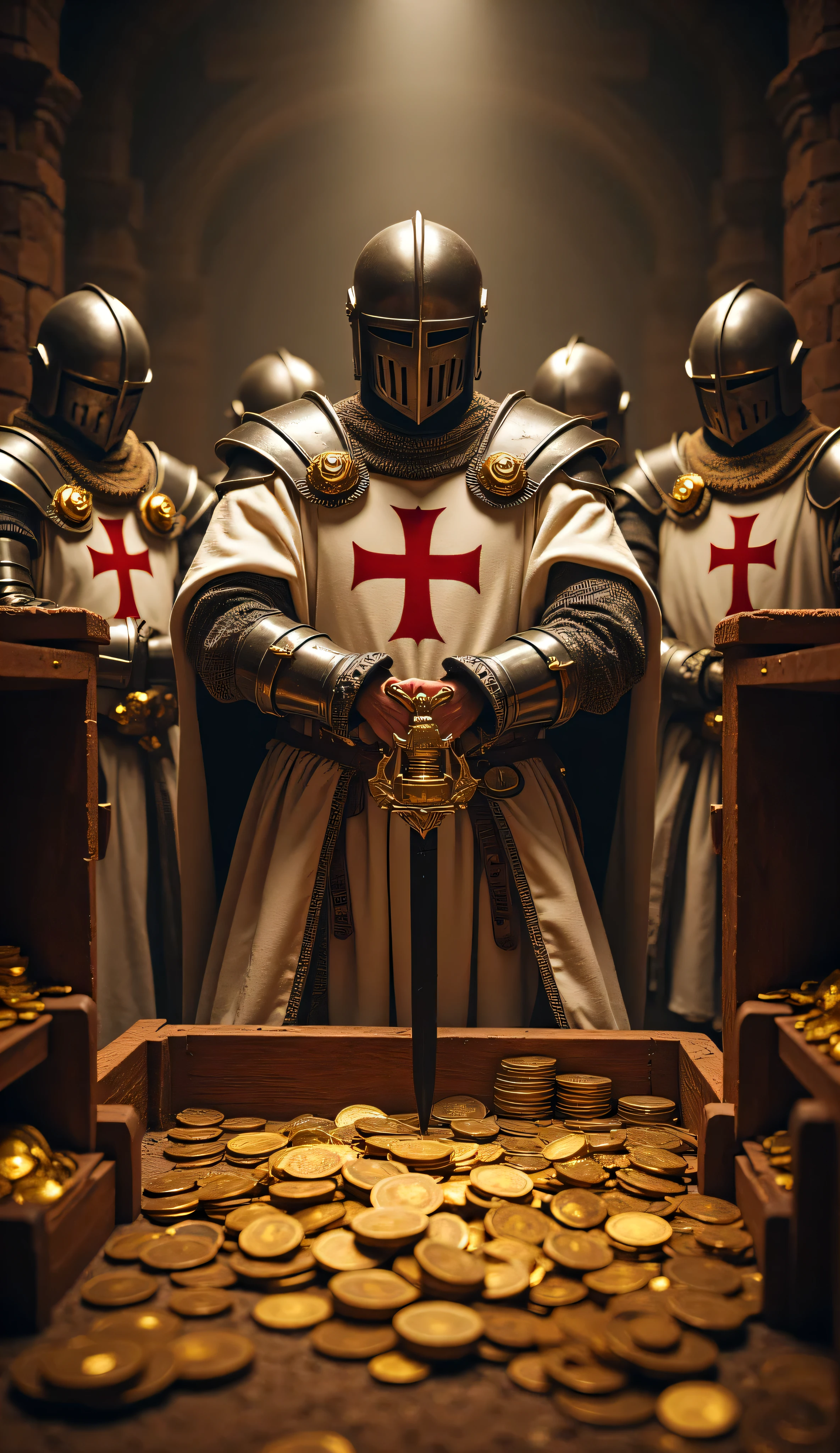 **Prompt:** Create a captivating hyper-realistic panoramic wide-angle image that transports viewers to medieval christian Europe, showcasing a symmetrically balanced composition in medieval treasure vault. In the foreground, a determined brotherhood unit of wealthy Templar knights brotherhood clad in authentic, gleaming armor is depicted. Templar ry. Their chainmail and iconic white robes, embellished with bold red cross symbols, catch the dimming light of dusk as they stand firmly among stack of golden coin in the wooden treasury chests. Intricately Each knight holds a silver firmly in one hand while their other arm grasps a gold, ready for the conflict ahead. Pay special attention to the intricate textures of their armor and the fabric of their robes, while also employing advanced UHD ambiance to enhance the atmospheric play of light and shadow in the scene. The depth of the image should invoke a sense of urgency and anticipation, emphasizing the dynamic movement of the knights. Focus on the meticulous details of their hands, ensuring that the anatomy of the fingers gripping their golden coins treasure chest is both realistic and compelling. The final piece should mirror the high standards of award-winning documentary photography, akin to styles seen in National Geographic, artstation, and deviantart. This scene should be rich in historical accuracy, evoking the timeless spirit of the medieval era, while respecting content guidelines and avoiding any elements of violence or negativity. DEUS VULT!