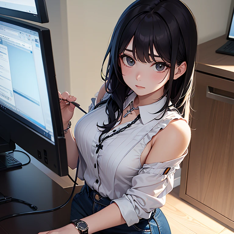 Nail ad images，A working woman uses a computer in an office，Hand on the keyboard，There are short red nails