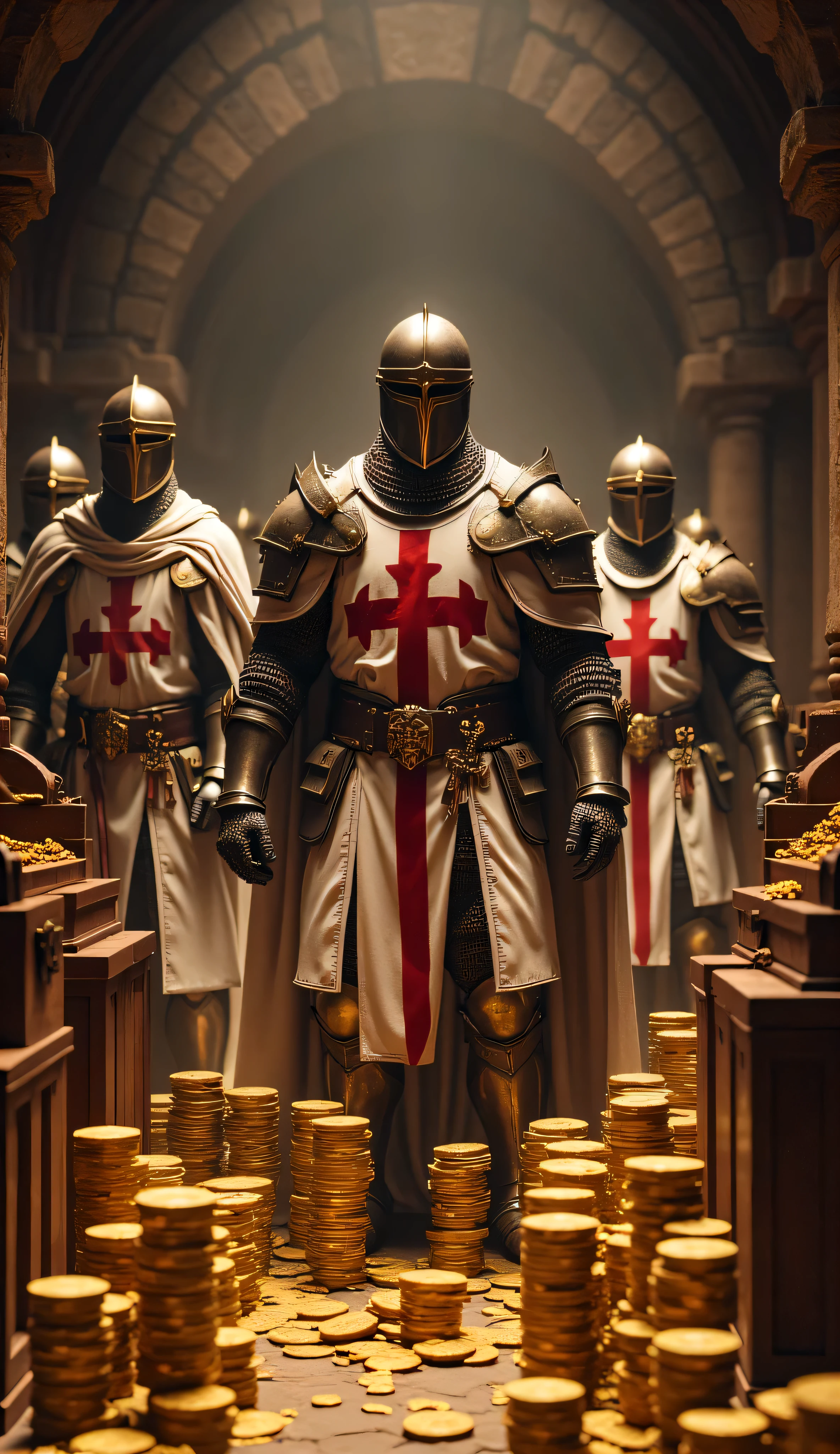 **Prompt:** Create a captivating hyper-realistic panoramic wide-angle image that transports viewers to medieval christian Europe, showcasing a symmetrically balanced composition in medieval treasure vault. In the foreground, a determined brotherhood unit of Templar knights brotherhood clad in authentic, gleaming armor is depicted. Templar ry. Their chainmail and iconic white robes, embellished with bold red cross symbols, catch the dimming light of dusk as they stand firmly among stack of golden coin in the wooden treasury chests. Intricately Each knight holds a silver firmly in one hand while their other arm grasps a gold, ready for the conflict ahead. Pay special attention to the intricate textures of their armor and the fabric of their robes, while also employing advanced UHD ambiance to enhance the atmospheric play of light and shadow in the scene. The depth of the image should invoke a sense of urgency and anticipation, emphasizing the dynamic movement of the knights. Focus on the meticulous details of their hands, ensuring that the anatomy of the fingers gripping their golden coins treasure chest is both realistic and compelling. The final piece should mirror the high standards of award-winning documentary photography, akin to styles seen in National Geographic, artstation, and deviantart. This scene should be rich in historical accuracy, evoking the timeless spirit of the medieval era, while respecting content guidelines and avoiding any elements of violence or negativity. DEUS VULT!