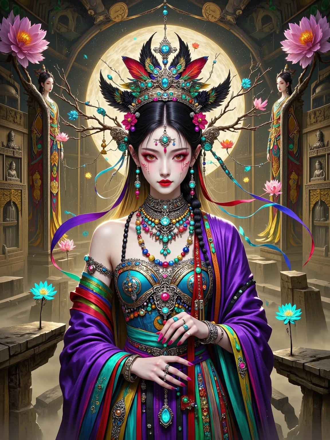 (Amaterasu, Arcanjo, Deusa) a gorgeous crystal wedding veil, a noiva irradiando luz santa alegremente olhando para a frente, (felicidade), gothic cathedral, petals of seven colors falling like rain, heart and entanglement highlighter, cristal e prata emaranhamento, (persa Paisley)