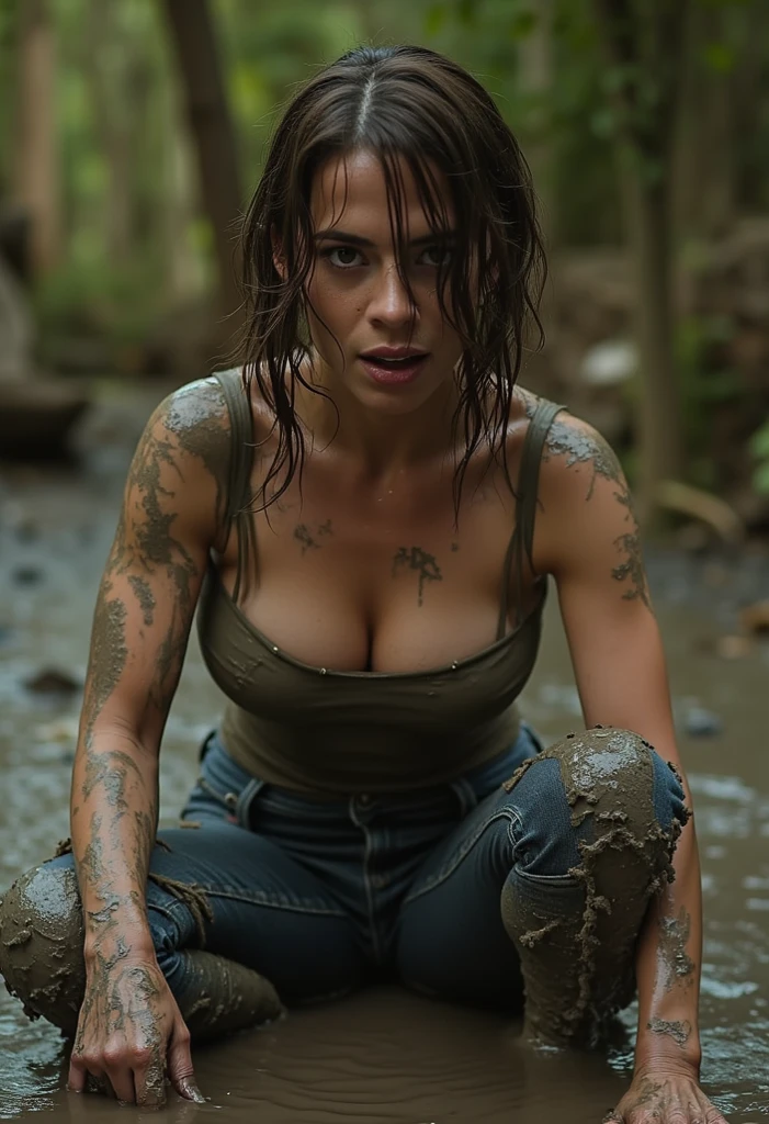 punk, tattooed girl, shaved hair, rainbow hair, piercing, naked in jungle, boots, strapped stockings, raindrops on body, dirty, naughty, mud on body, 8k, hyperrealism, hyper details, 32k, unreal engine 5, QHD