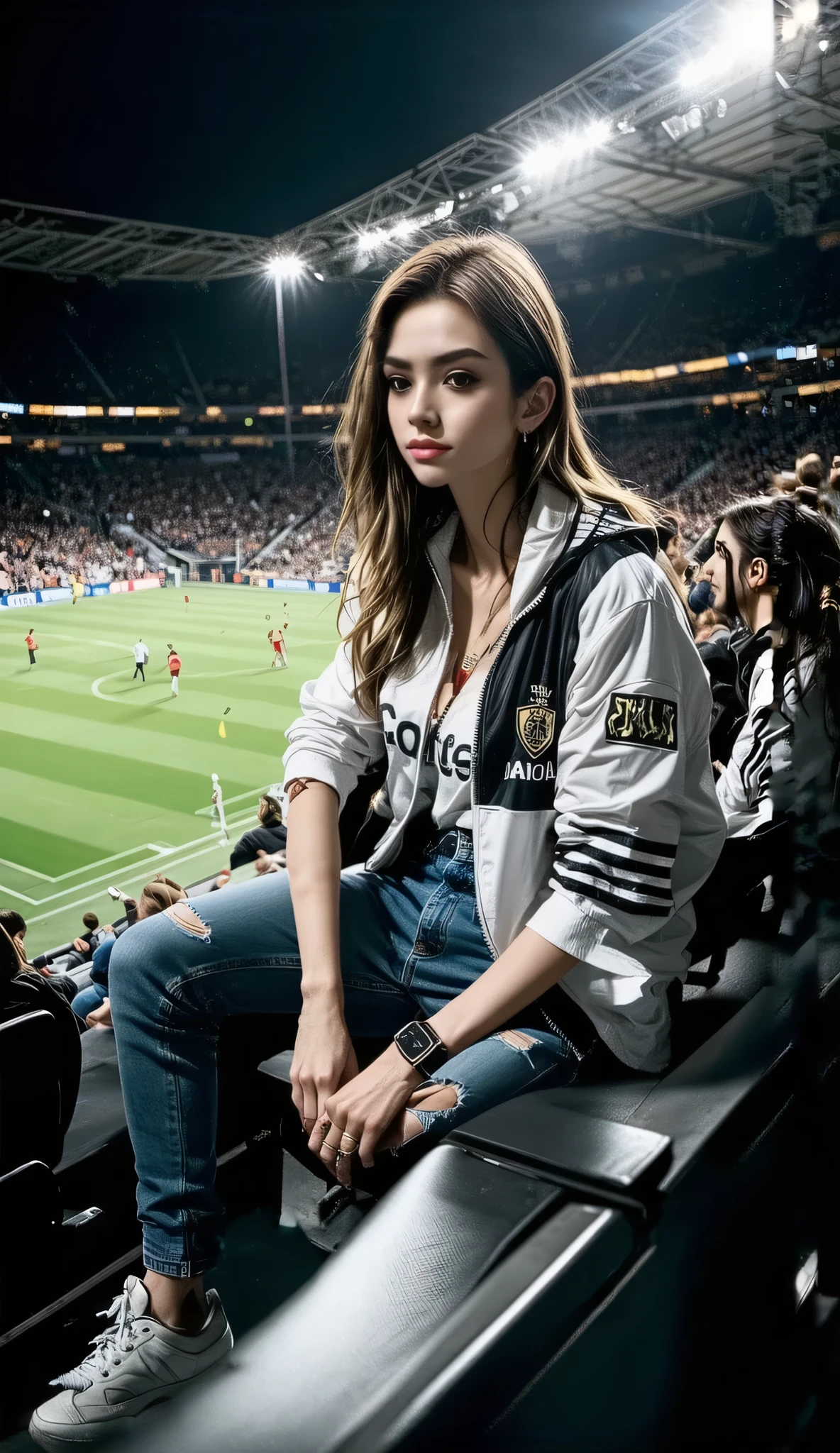 A confident and stylish woman with striking features and an exaggerated expression of despair or tension. She is sitting in a stadium bleachers, holding a Corinthians flag or wearing a team shirt. In the background, a football field with excited fans. The scene conveys humor and drama, with an atmosphere of a tense game. Realistic style, sharp details, vibrant colors. --v 5 --ar 9:16