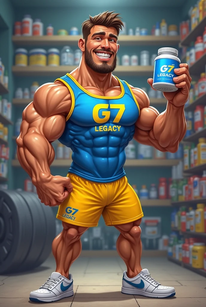 A bodybuilder holding a water bucket with the initials tipex on it 