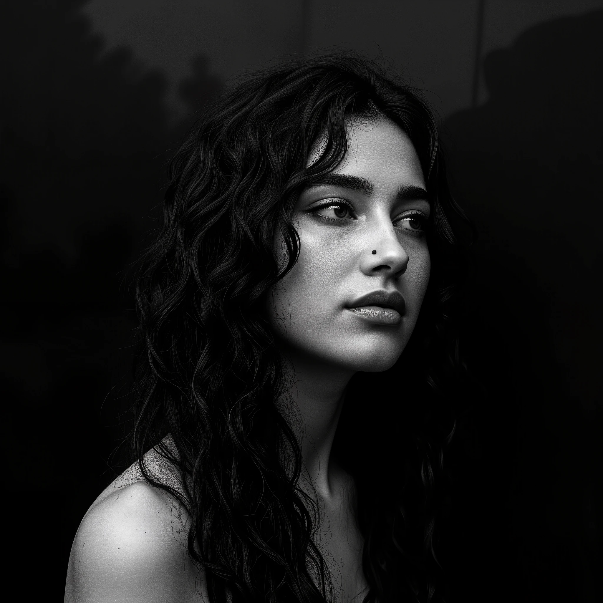 Cinematic photography, eye-level view of a young woman with long, disheveled black curly hair cascading over her bare shoulders. Her skin is pale, contrasting sharply with the dark, matte background that resembles a surface covered in black soot. She gazes upward and to the right with a pensive expression, her black eyes reflecting the subtle flash of light, adding a quiet intensity to her innocent yet mysterious demeanor. A small beauty mark rests just above her delicate upper lip. The composition is an extreme close-up, capturing the raw details of her face — the gentle curve of her small mouth, the shadows playing along her jawline. The photograph is in high-quality black and white, with a classic Ilford film aesthetic, evoking a dramatic, artistic atmosphere. The lighting is moody, highlighting the texture of her skin and hair, while the background remains blurred and enigmatic. The image radiates a vintage, melancholic essence, blending softness with a haunting, cinematic feel.