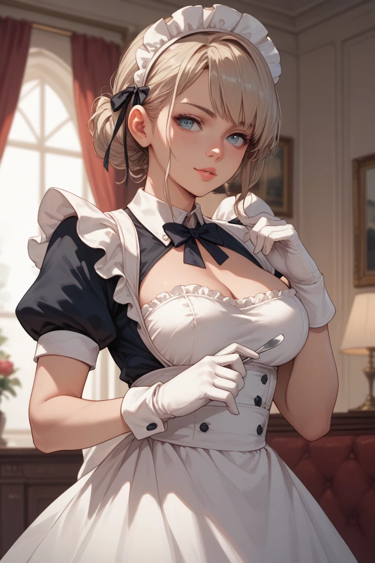 choker, Maid's Headdress, nude、Huge breasts、Staring at a huge penis、surprised、blush、Upper body only、Erect penis、Pregnant women、Handjob