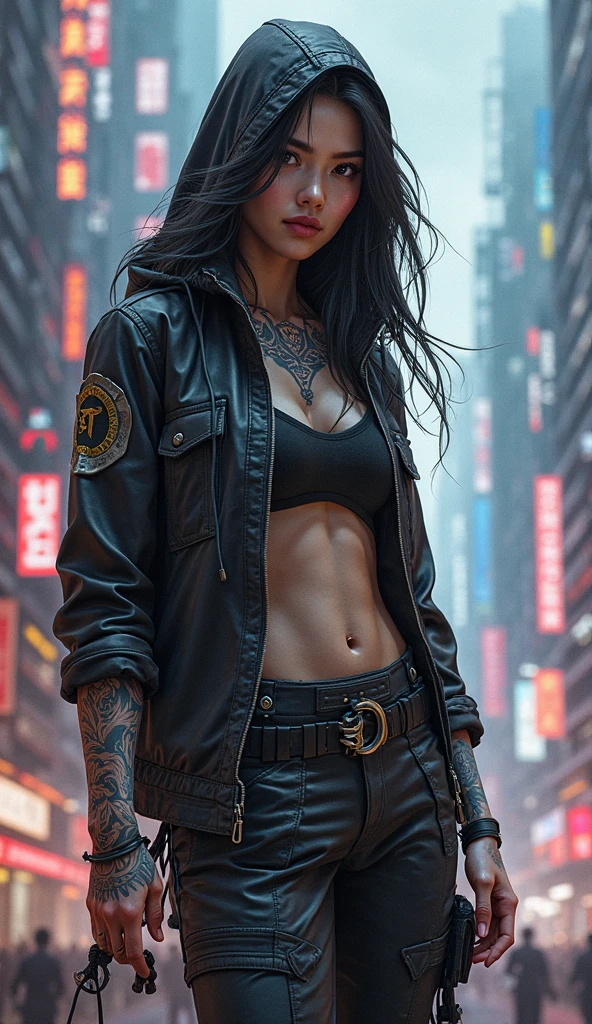 masterpiece, detailed, best quality, award-winning photo, attractive, transgender, transwoman with pants bulge, seen from side angle, shoulder length black hair, she  wearing an open padded motorcycle jacket open exposing bare breasts, no shirt, braless, bare breasts, wearing nothing under the Jacket, tight male blue jeans with pants bulge, (lower half male with pants bulge), muscular build, small breasts, smaller breasts, beautiful, (masterpiece:1.2), (best quality:1.2), perfect lighting, sharp focus, 1girl, solo, highly detailed face, high detail eyes, perfect eyes, perfect face, marketplace, outdoors in Cyberpunk city, cyberpunk 2077, abs, toned, cyberpunk bounty hunter, large bore handgun in hip holster as she patrols the streets, cybernetic robotic left arm, add pants bulge, add male bulge