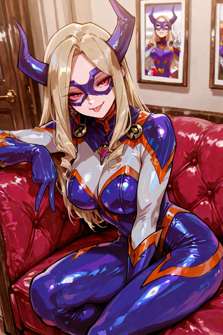 scan, (extremely detailed CG unity 8k wallpaper:1.1), highres, (1girl), mtladymha, boku no hero academia, long hair, blonde hair, horns, domino mask, bodysuit, large breasts, purple eyes, sunlight, ambient light, on the bed, looking at viewer, upper body, perspective from above, tongue out of mouth