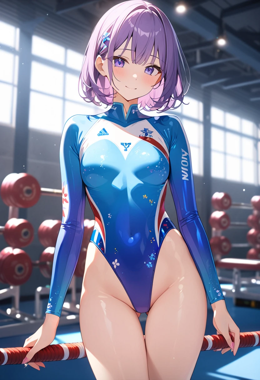 highquality illustration, masterpiece, very delicate and beautiful, attractive girl,(colorful leotard, heattech leotard,tight leotard,long_sleeve leotard,ribbed leotard,high_leg leotard,turtleneck leotard),purple hear,short hear, audience reactions,thin,slender body,slim,gymnasium,gymnastics club,2 girls,gymnastics athlete,bare legs,gymnasium background,gymnastics club,beautiful eyes, light smile,(masterpiece, best quality:1.2), highres, extremely detailed CG unity 8k wallpaper, perfect lighting, Colourful, ultra-high res,4K,ultra-detailed, photography, 8K, HDR, 17 ages, gymnastics athletes