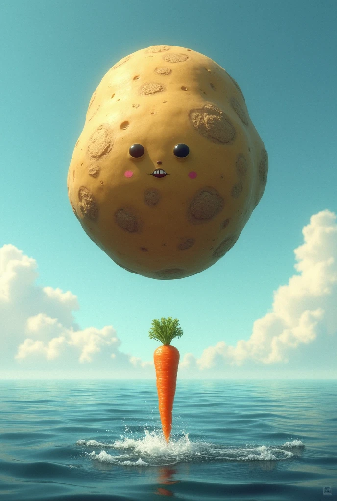 A flying potato threatened to crash into a carrot and they're on top of the sea 