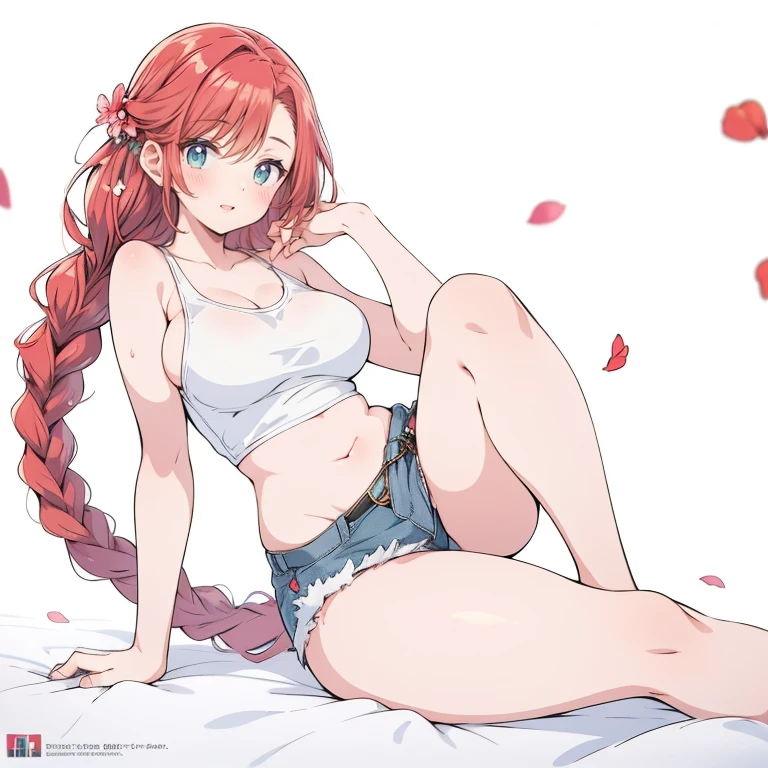 1girl, solo, long hair, breasts, looking at viewer, smile, bangs, blue eyes, simple background, hair ornament, white background, navel, medium breasts, sitting, closed mouth, collarbone, swimsuit, braid, ahoge, bikini, red hair, barefoot, single braid, side-tie bikini bottom, white bikini, hair intakes, string bikini