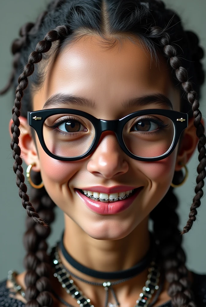 A 12-year-old girl wears white glasses, is eating a banana and pouting, has purple braids and is wearing a Mickey t-shirt 