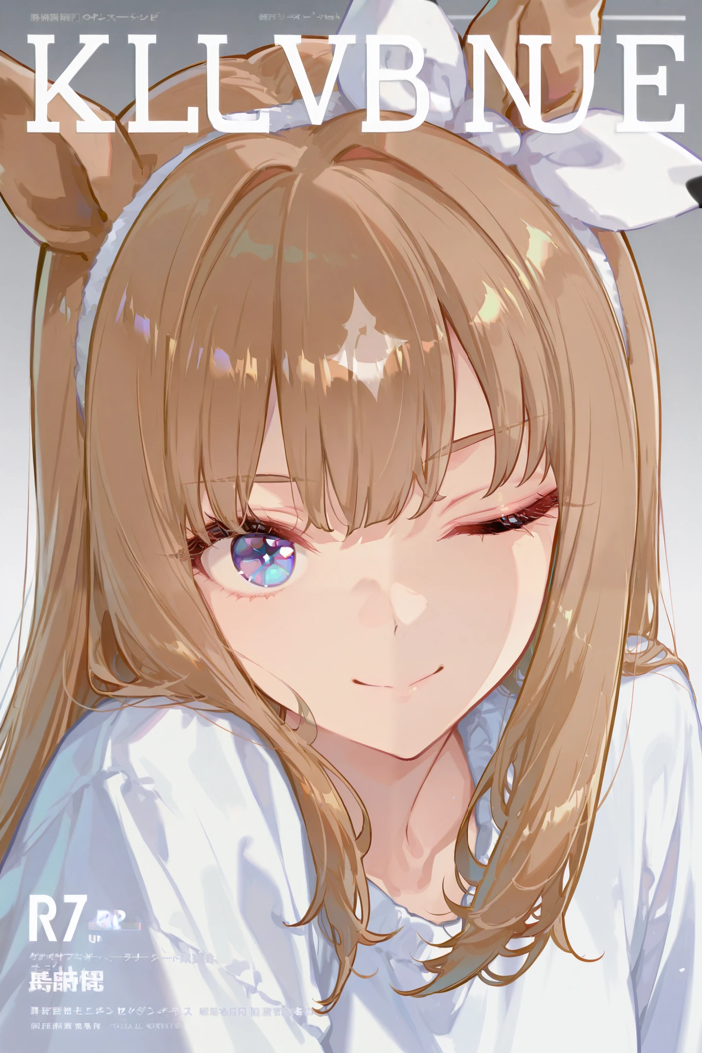 score 9, score 8 up, score 7 up, ultra-detailed, (best quality, masterpiece, ultra detailed, ultra high res, absurdres, high-resolution, highest quality, very aesthetic, textile shading), source anime, (detailed eyes), (detailed face), , , simple background, grey background, gradient background, BREAK, 1girl, solo, (almond eye /(umamusume/)), looking at viewer, portrait, magazine cover, one eye closed, smile,