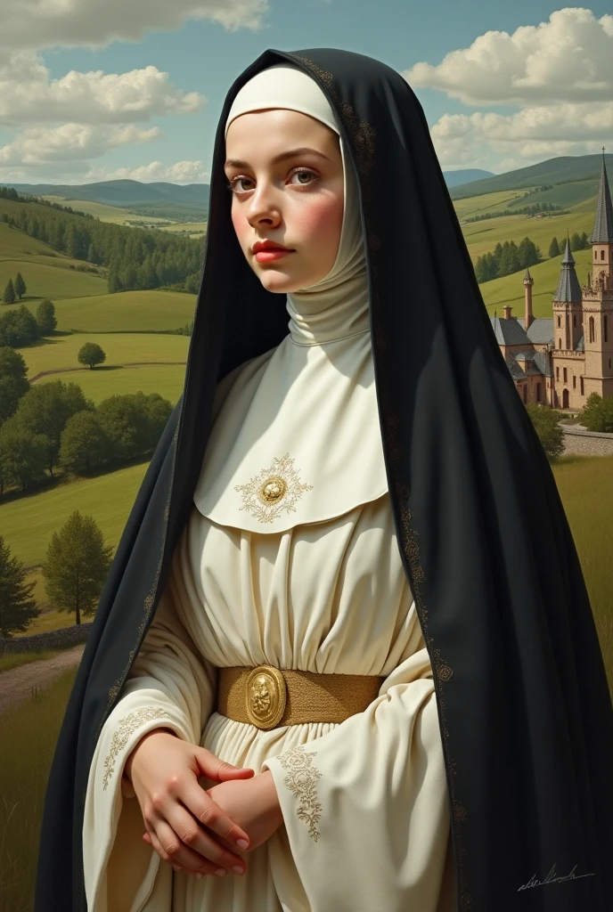 Cat woman cute traditional outfit, realistic oil painting masterpiece , flowers , beautiful , Leonardo da Vinci , nun , church , saint , goddesses