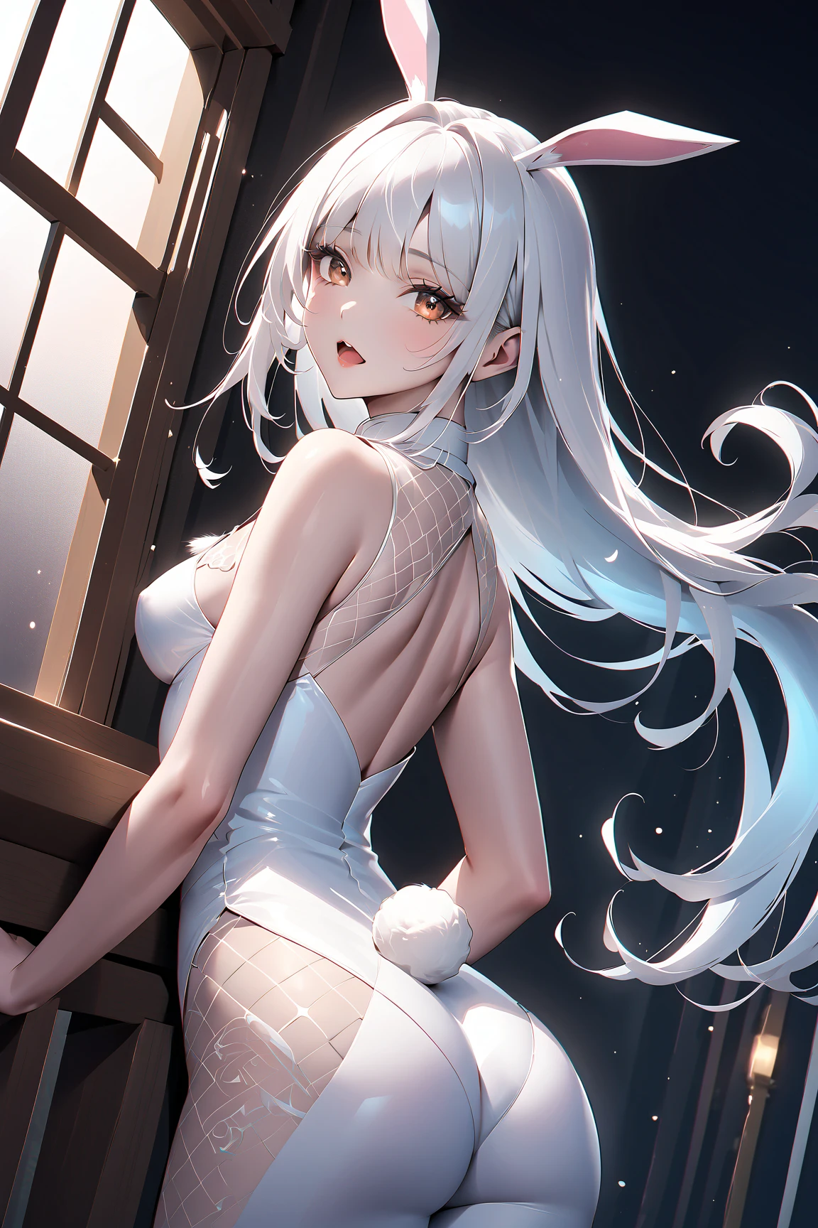 1girl, e7 Belian, indoor, bedroom, standing in front of window, holding window, from back, looking at viewer, sleepy face, morning, 9:35 AM