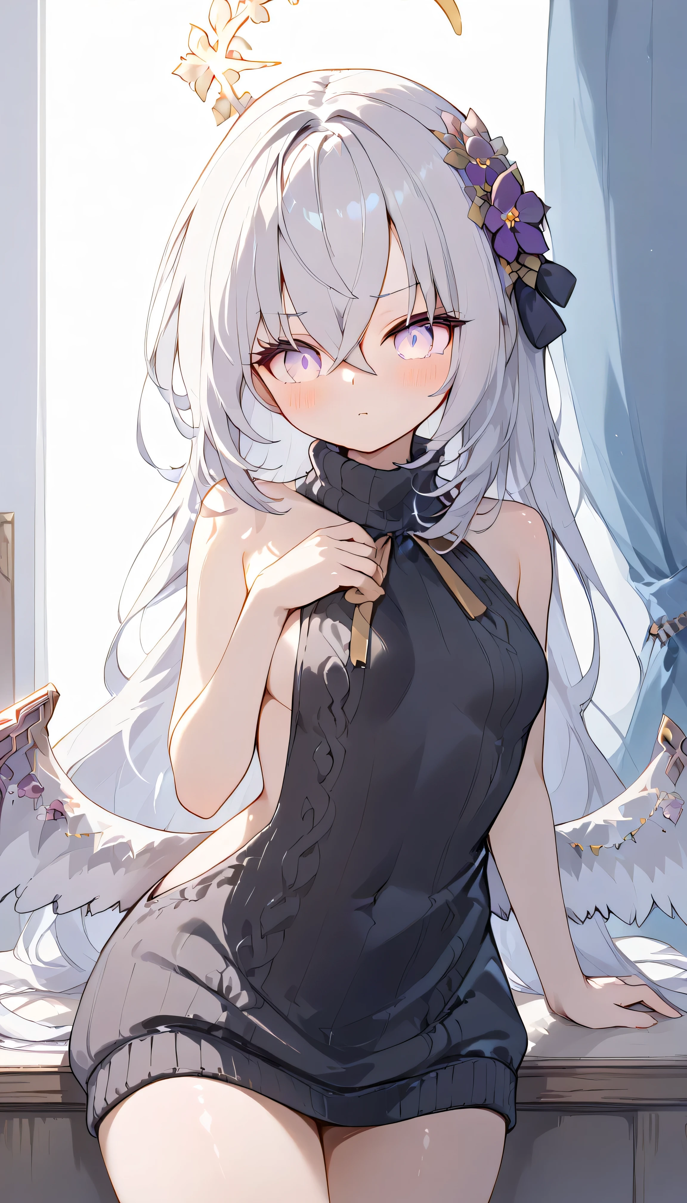 Azusa (blue archive),purple eyes,white hair,long hair,Wings,hair flower,halo, Alone, showing eyebrows from inside the hair , hair between their eyes, virgin killer sweater, is embarrassing, viewers, masterpiece, highest quality, very aesthetic, thick thighs, is embarrassing blush Wide pelvis, indoors living from behind ((Bare arms)) cowboy shot cowboy shot